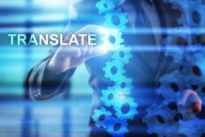 Businessman is selecting "Translate" on the virtual screen.